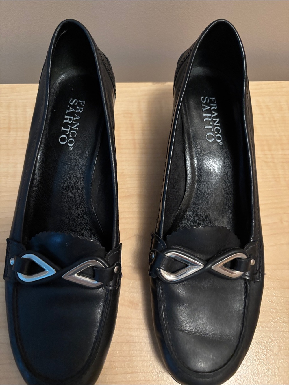 Franco Sarto Black Leather Loafers with Low Heel and Silver Bit Detail